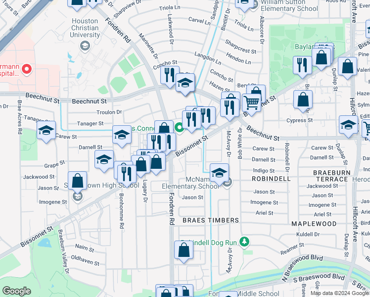 map of restaurants, bars, coffee shops, grocery stores, and more near Bissonnet St & Larkwood Dr in Houston
