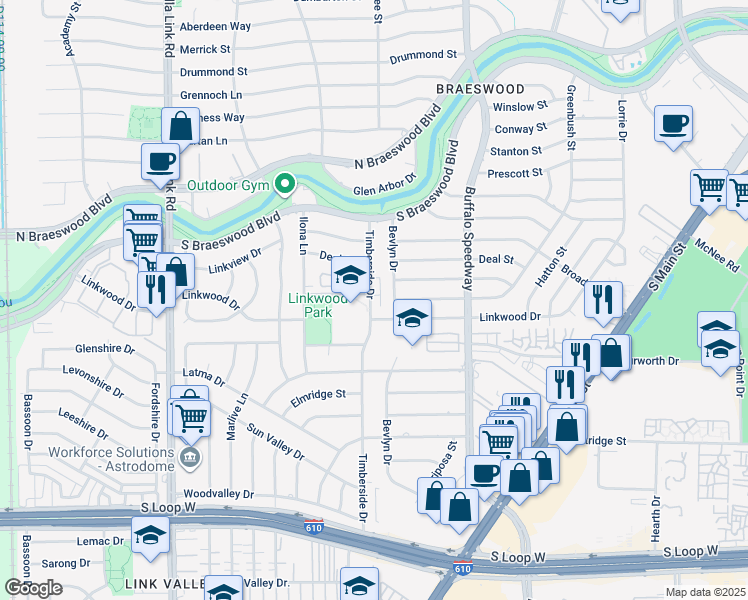 map of restaurants, bars, coffee shops, grocery stores, and more near 3660 Timberside Circle Drive in Houston