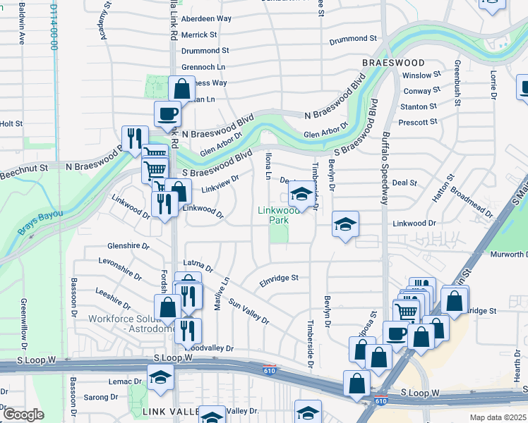 map of restaurants, bars, coffee shops, grocery stores, and more near 8806 Ilona Lane in Houston