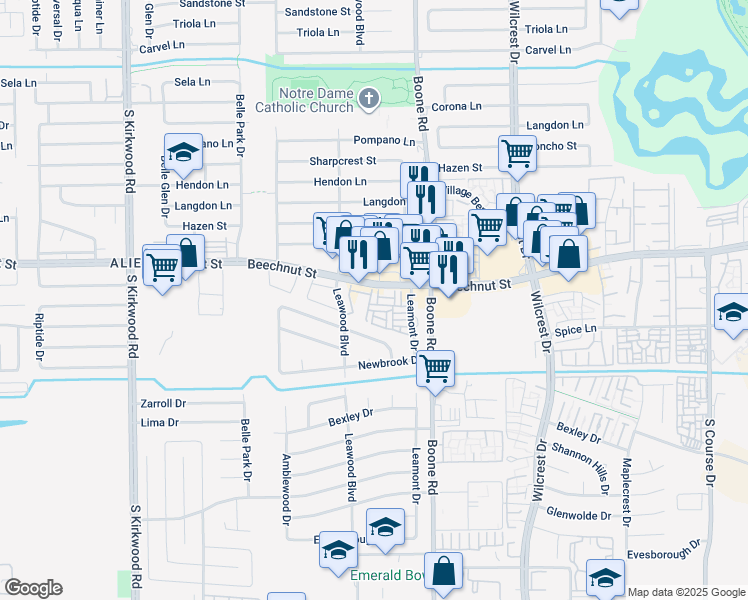map of restaurants, bars, coffee shops, grocery stores, and more near 11343 Beechnut Street in Houston