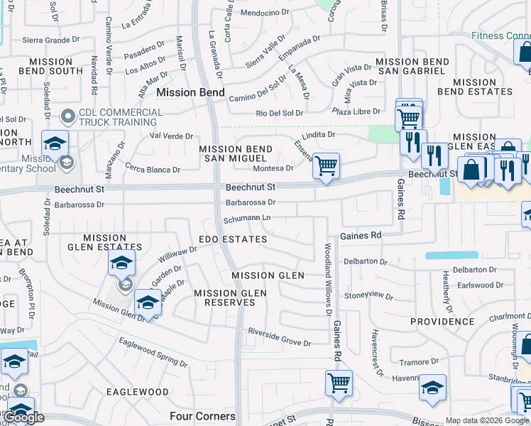 map of restaurants, bars, coffee shops, grocery stores, and more near 15619 Barbarossa Drive in Houston