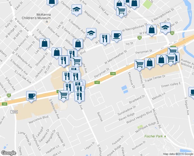 map of restaurants, bars, coffee shops, grocery stores, and more near 842 Perryman Street in New Braunfels