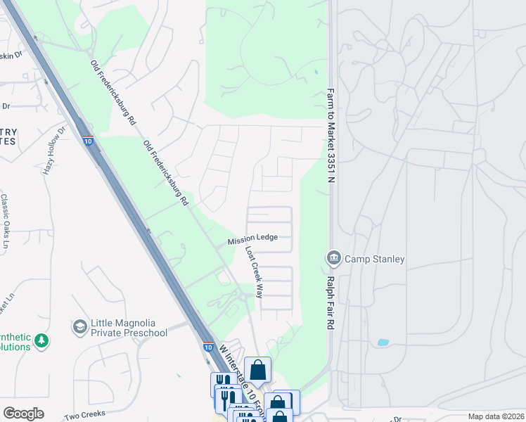 map of restaurants, bars, coffee shops, grocery stores, and more near 7644 Mission Summit in Boerne