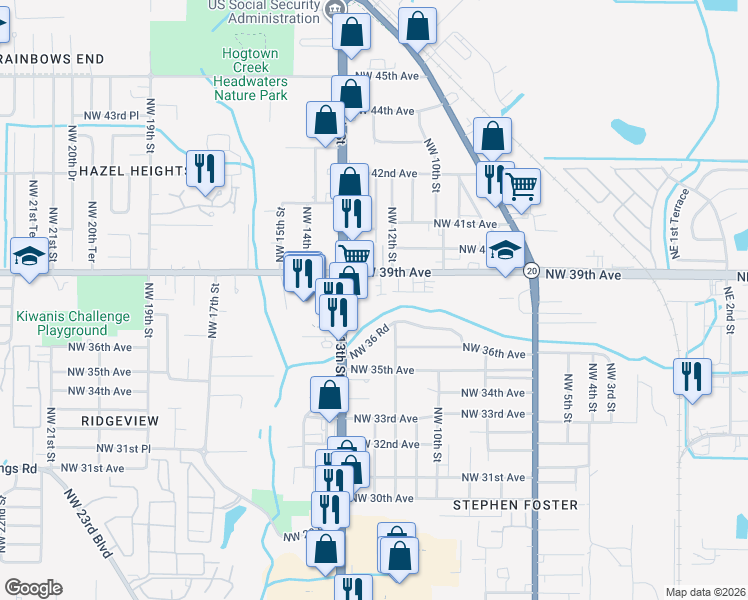 map of restaurants, bars, coffee shops, grocery stores, and more near 1235 Northwest 39th Avenue in Gainesville