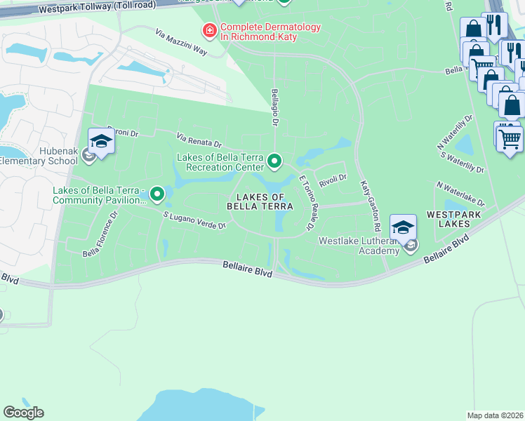 map of restaurants, bars, coffee shops, grocery stores, and more near Lago Verde Drive in Fort Bend County