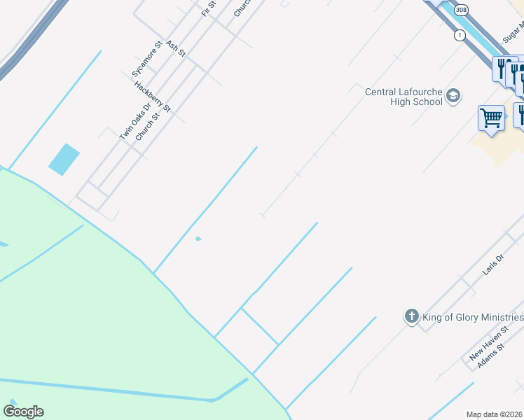 map of restaurants, bars, coffee shops, grocery stores, and more near 5th Street in Raceland