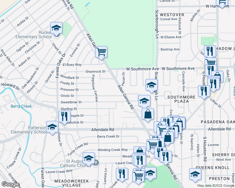 map of restaurants, bars, coffee shops, grocery stores, and more near 5715 Oriole Street in Houston