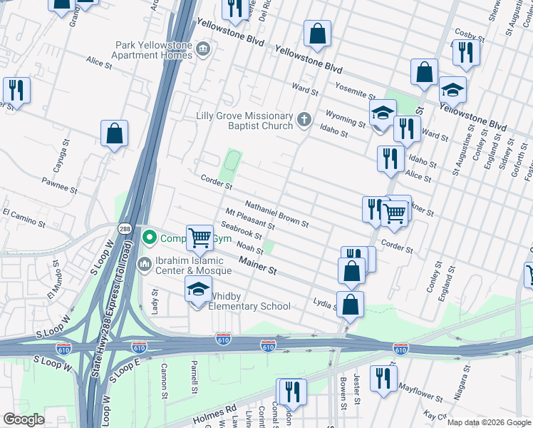 map of restaurants, bars, coffee shops, grocery stores, and more near 3555 Nathaniel Brown Street in Houston