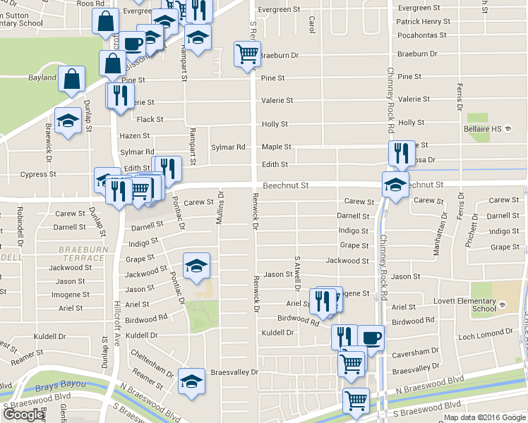map of restaurants, bars, coffee shops, grocery stores, and more near 5471 Carew Street in Houston