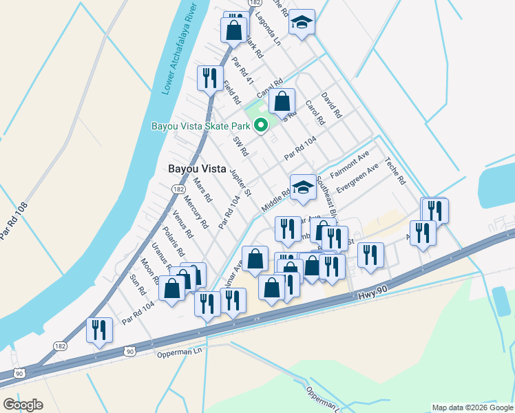 map of restaurants, bars, coffee shops, grocery stores, and more near 208-238 Jupiter St in Morgan City