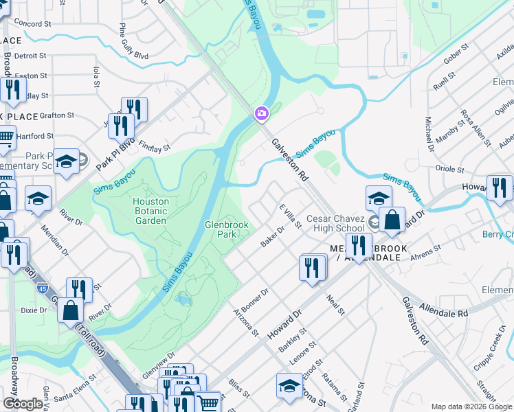 map of restaurants, bars, coffee shops, grocery stores, and more near 8535 Chalcos Drive in Houston