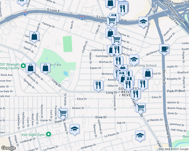 map of restaurants, bars, coffee shops, grocery stores, and more near 7107 McHenry Street in Houston