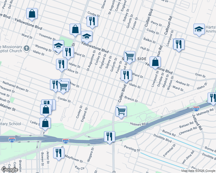 map of restaurants, bars, coffee shops, grocery stores, and more near 4335 Alice Street in Houston