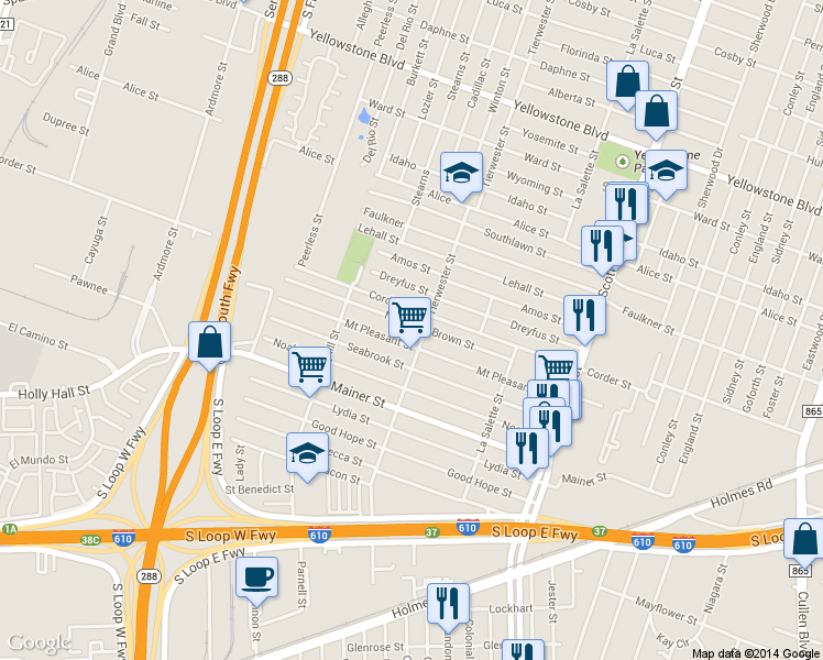 map of restaurants, bars, coffee shops, grocery stores, and more near 3555 Nathaniel Brown Street in Houston
