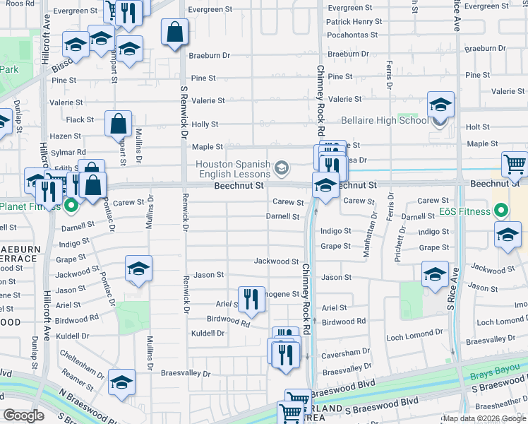 map of restaurants, bars, coffee shops, grocery stores, and more near 5403 Carew Street in Houston