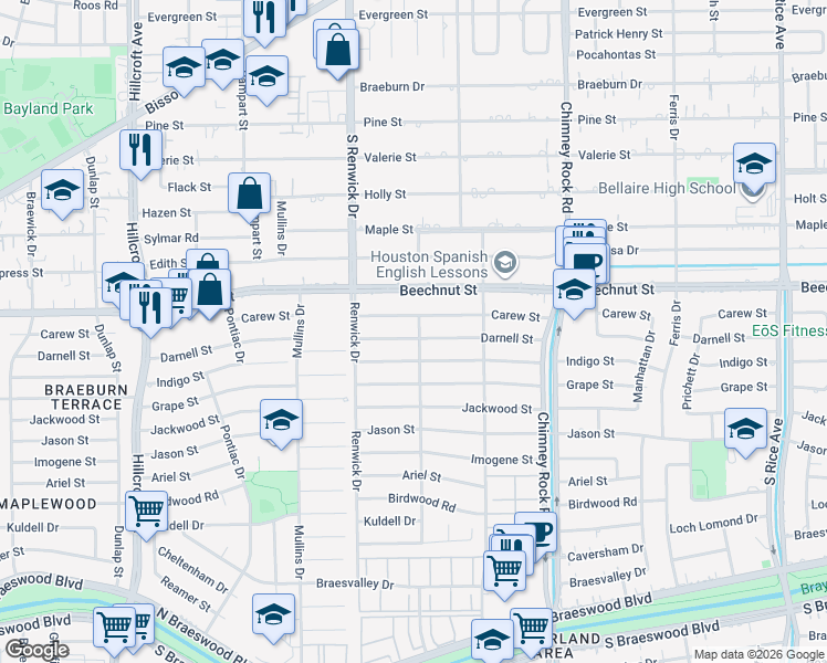 map of restaurants, bars, coffee shops, grocery stores, and more near 5451 Carew Street in Houston