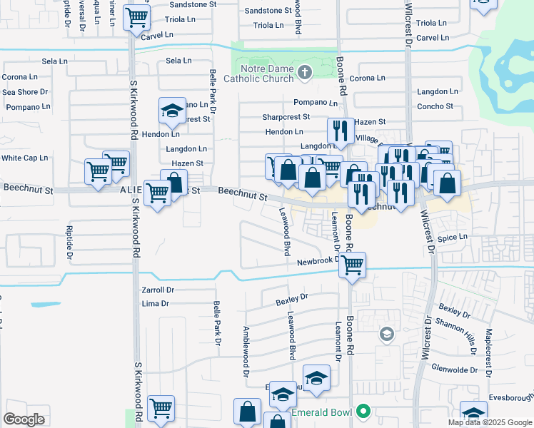 map of restaurants, bars, coffee shops, grocery stores, and more near 11441 Beechnut Street in Houston