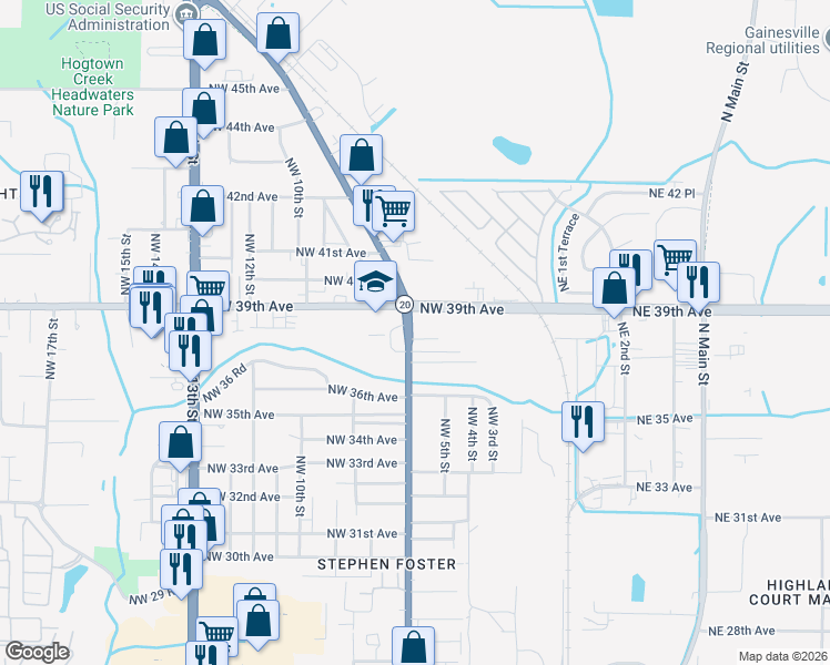 map of restaurants, bars, coffee shops, grocery stores, and more near 3817 Northwest 6th Street in Gainesville