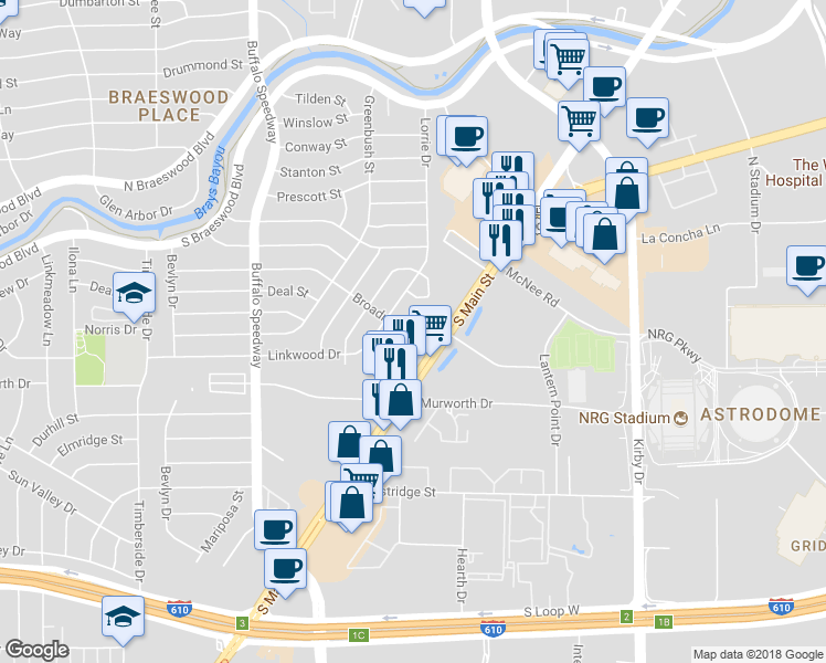 map of restaurants, bars, coffee shops, grocery stores, and more near 7 Broadmead Drive in Houston