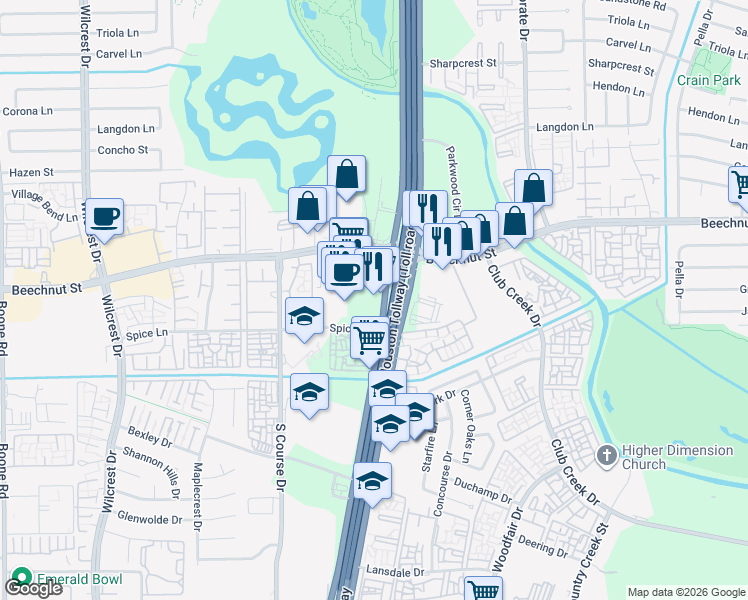 map of restaurants, bars, coffee shops, grocery stores, and more near 8338 West Sam Houston Parkway South in Houston