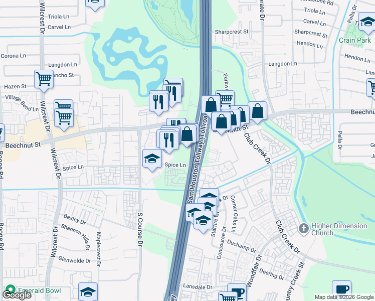 map of restaurants, bars, coffee shops, grocery stores, and more near 8338 West Sam Houston Parkway South in Houston