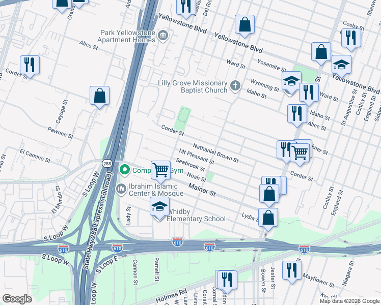 map of restaurants, bars, coffee shops, grocery stores, and more near 3517 Mount Pleasant Street in Houston
