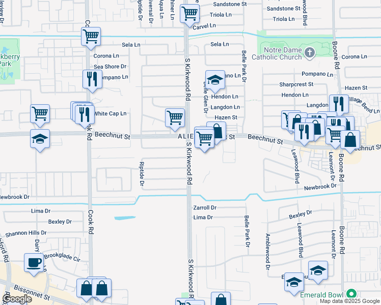 map of restaurants, bars, coffee shops, grocery stores, and more near 8237 South Kirkwood Road in Houston