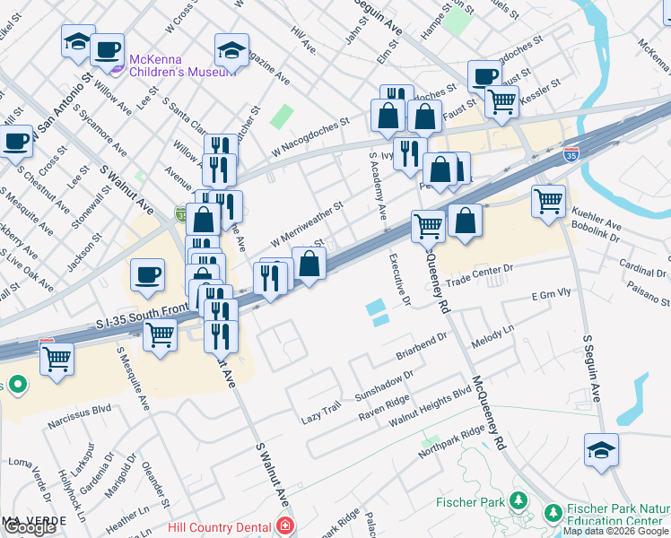 map of restaurants, bars, coffee shops, grocery stores, and more near North Interstate 35 Frontage Road in New Braunfels