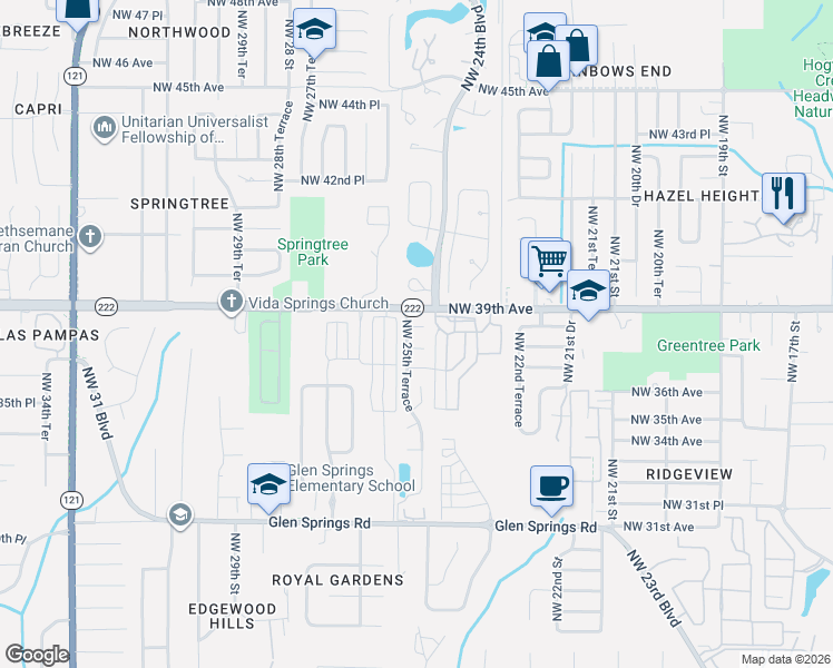 map of restaurants, bars, coffee shops, grocery stores, and more near 2518 Northwest 38th Place in Gainesville