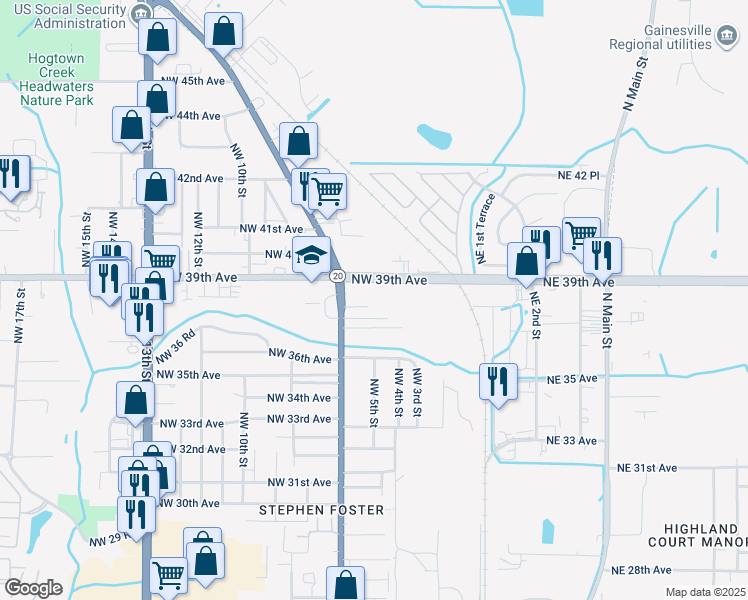 map of restaurants, bars, coffee shops, grocery stores, and more near 3781 Northwest 6th Street in Gainesville