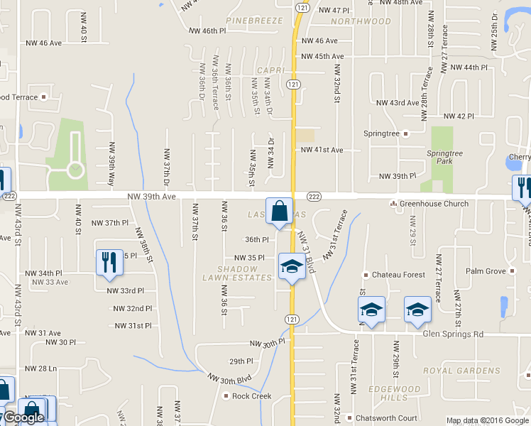 map of restaurants, bars, coffee shops, grocery stores, and more near 3459 Northwest 39th Avenue in Gainesville