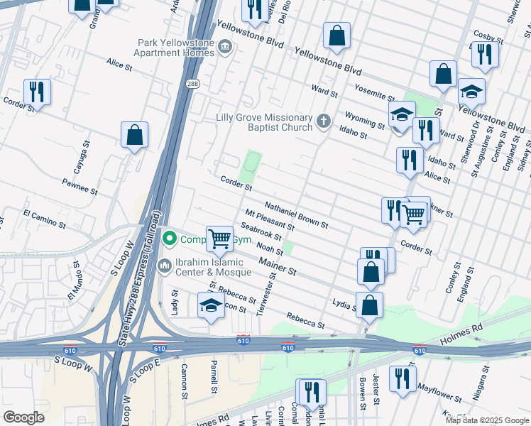map of restaurants, bars, coffee shops, grocery stores, and more near 3517 Mount Pleasant Street in Houston