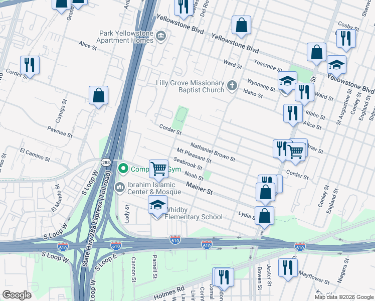 map of restaurants, bars, coffee shops, grocery stores, and more near 3517 Mount Pleasant Street in Houston