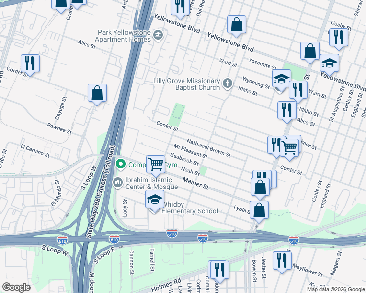 map of restaurants, bars, coffee shops, grocery stores, and more near 3517 Mount Pleasant Street in Houston
