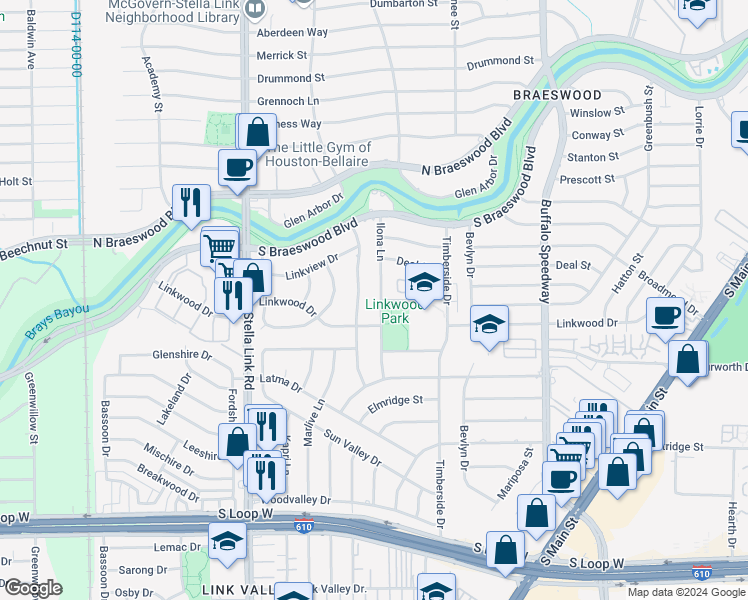 map of restaurants, bars, coffee shops, grocery stores, and more near 8806 Ilona Lane in Houston