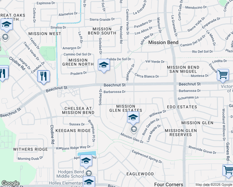 map of restaurants, bars, coffee shops, grocery stores, and more near 16206 Barbarossa Drive in Houston