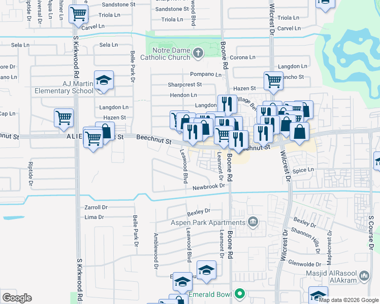 map of restaurants, bars, coffee shops, grocery stores, and more near 11361 Beechnut Street in Houston