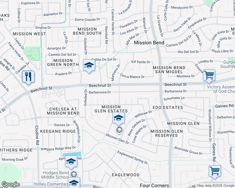 map of restaurants, bars, coffee shops, grocery stores, and more near 16130 Barbarossa Drive in Houston