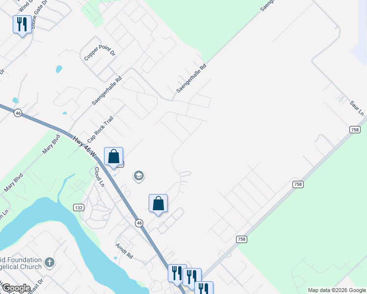 map of restaurants, bars, coffee shops, grocery stores, and more near 352 Grove Lane in New Braunfels