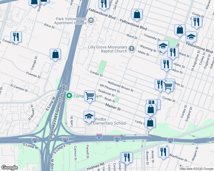 map of restaurants, bars, coffee shops, grocery stores, and more near 3517 Mount Pleasant Street in Houston