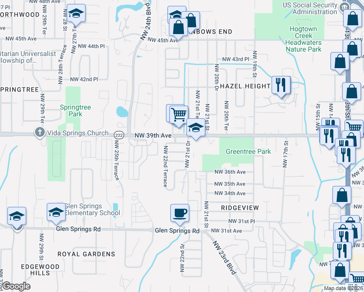 map of restaurants, bars, coffee shops, grocery stores, and more near 3741 Northwest 21st Drive in Gainesville