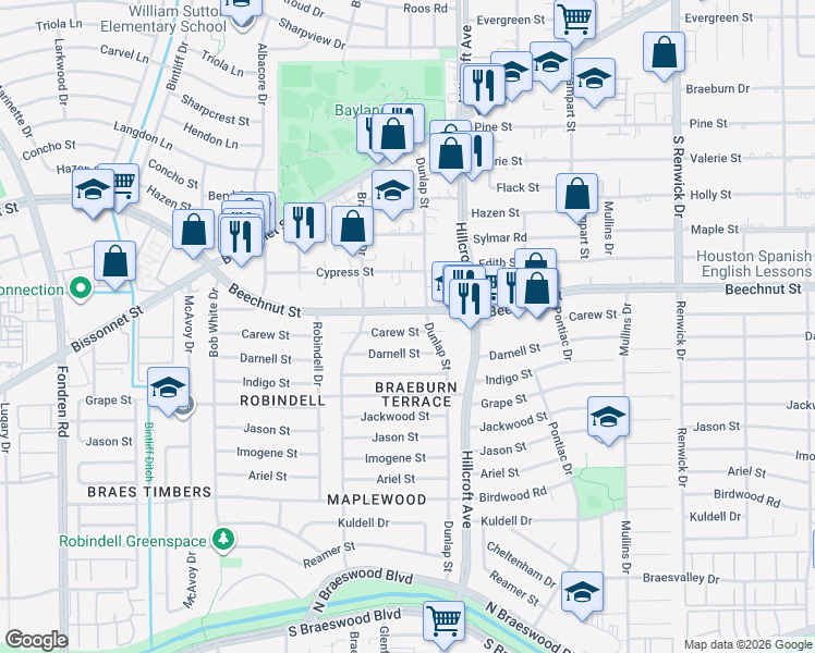 map of restaurants, bars, coffee shops, grocery stores, and more near 5801 Beechnut Street in Houston