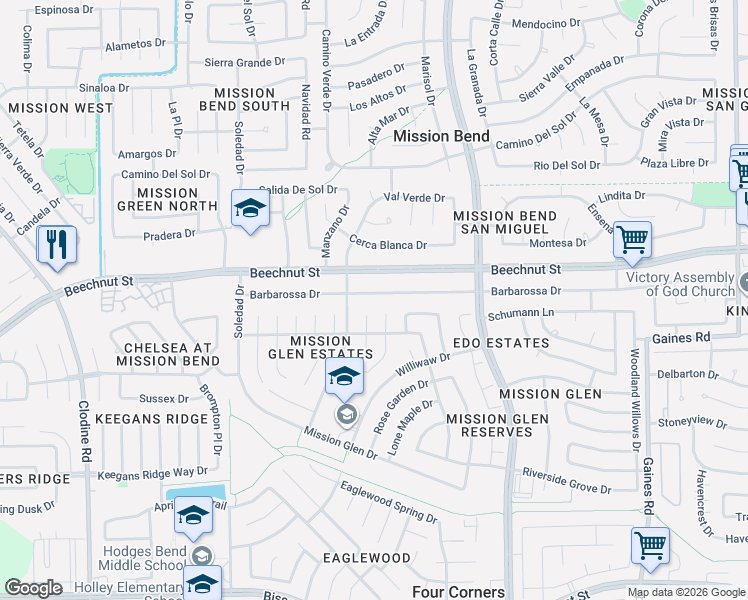 map of restaurants, bars, coffee shops, grocery stores, and more near 16034 Barbarossa Drive in Houston