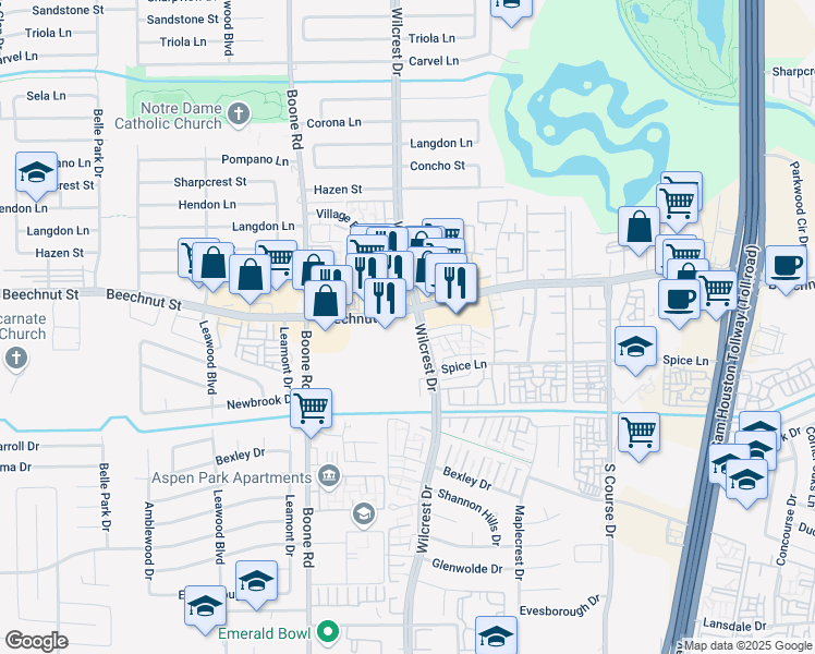 map of restaurants, bars, coffee shops, grocery stores, and more near 8300 Wilcrest Drive in Houston