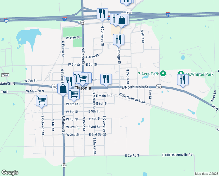 map of restaurants, bars, coffee shops, grocery stores, and more near 403 East North Main Street in Flatonia