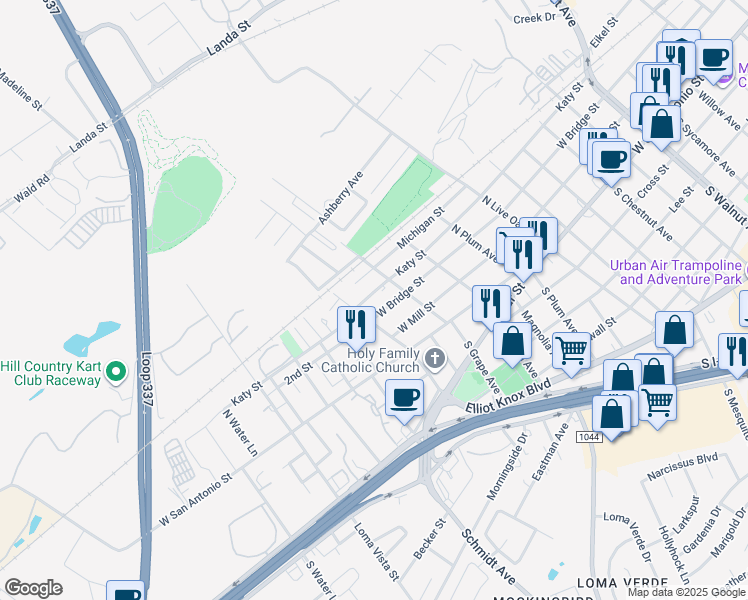 map of restaurants, bars, coffee shops, grocery stores, and more near 2261 Katy Street in New Braunfels