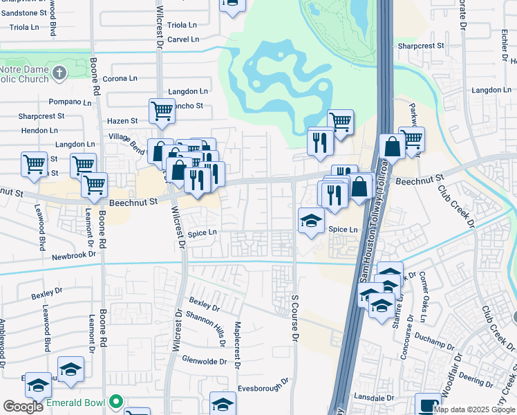 map of restaurants, bars, coffee shops, grocery stores, and more near 8323 Cinnamon Lane in Houston