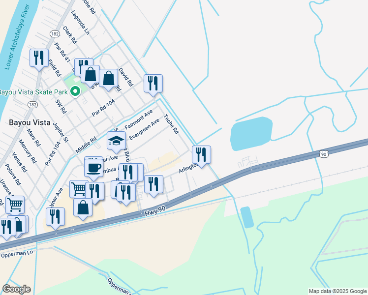 map of restaurants, bars, coffee shops, grocery stores, and more near 1129-1199 Teche Road in Morgan City