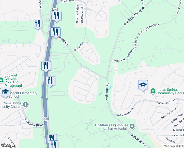 map of restaurants, bars, coffee shops, grocery stores, and more near 2607 Verona Park in San Antonio
