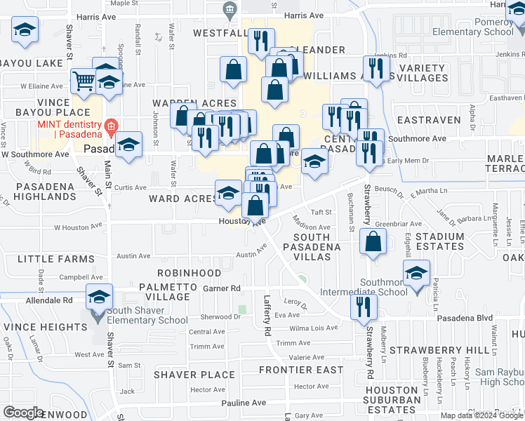 map of restaurants, bars, coffee shops, grocery stores, and more near 1637 Pasadena Boulevard in Pasadena